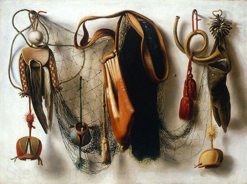 Christoffel Pierson A Trompe l'Oeil of Hawking Equipment, including a Glove, a Net and Falconry Hoods, hanging on a Wall. Norge oil painting art